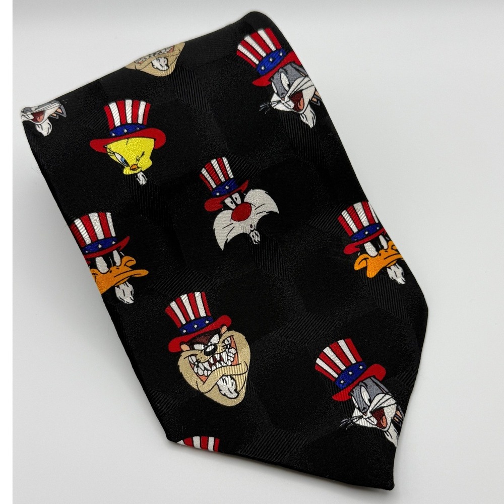 Looney Tunes Necktie OS 1995 Silk Patriotic Uncle Sam Bugs Bunny 90s Vintage
